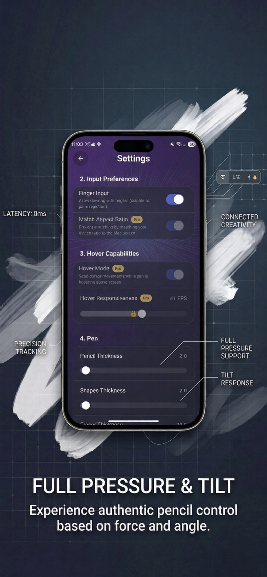 PenCast Pressure and Tilt visual settings